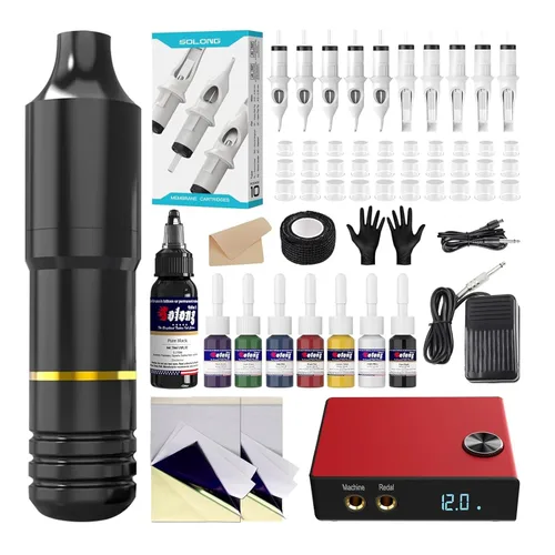 Pistola de Tatuaje, Solong Máquina de Tatuaje Rotativa Completa para Principiantes y Artistas Kit de Pistola de Tatuaje Profesional con Cartuchos de