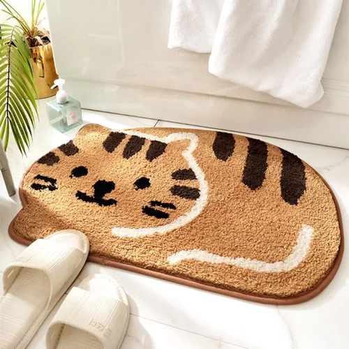 Miniatura 10 de Ankah Tapete para ducha, bañera, baño, alfombra de baño, antideslizante, absorbente, diseño adorable con imagen de gato, tapete suave seco, Beige