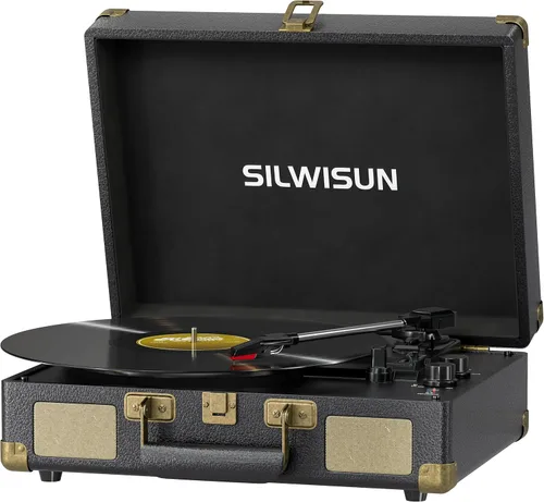 Tocadiscos de vinilo con altavoces, tocadiscos Bluetooth vintage, reproductor de vinilo portátil alimentado por batería, fonógrafo retro de maleta,