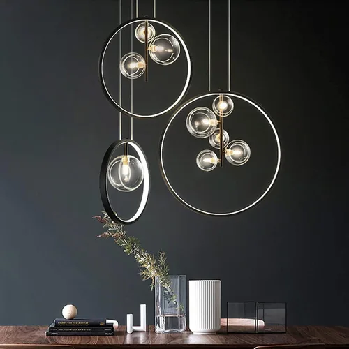 Miniatura 6 de Lámpara colgante de techo, lámpara de araña LED negra, pantalla de cristal de burbujas, lámpara moderna Sputnik, lámpara de araña para comedor