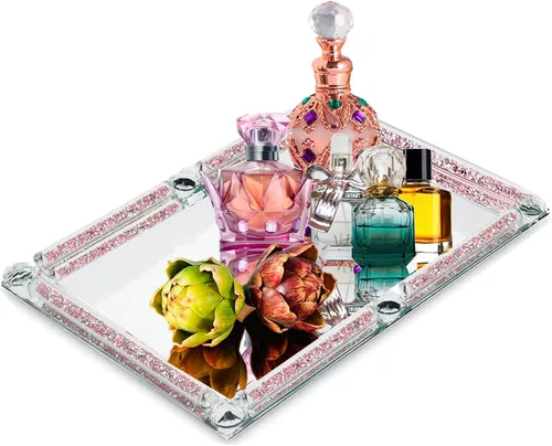 Miniatura 10 de Bandeja de perfume de cristal, bandeja de cristal rellena de diamante triturado, bandejas rectangulares de 11.8" x 7.9" para cosméticos y maquillaje