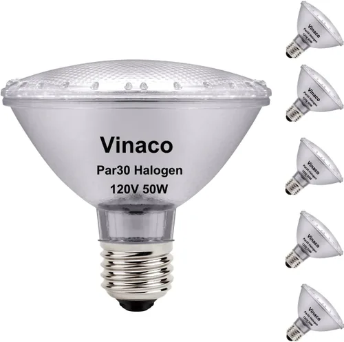 Vinaco PAR30 - Paquete de 6 focos halógenos de alto rendimiento PAR30 de cuello corto de 50 W, luz de inundación halógena de alto rendimiento blanco