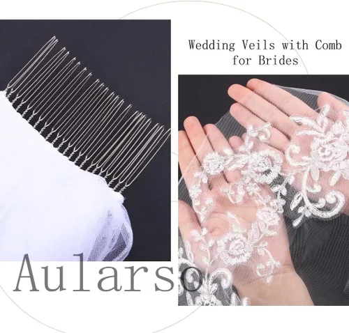 Miniatura 3 de 2 niveles velos de boda de encaje para novias corto longitud de cintura velo de novia con peine para novias