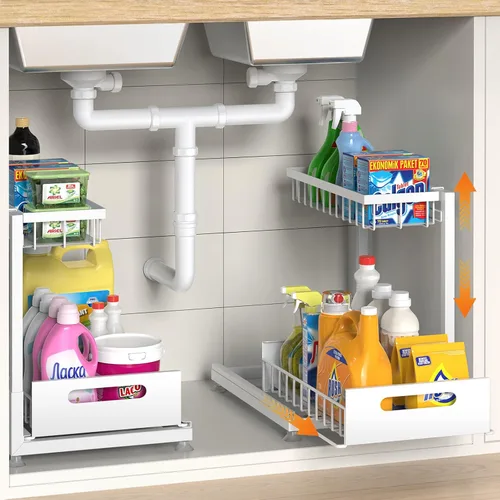 Miniatura 14 de Saydear Organizador de almacenamiento para debajo del fregadero, organizador de armario de cocina extraíble de 2 niveles con cajón deslizante, Negro