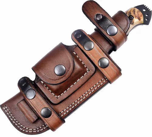 Ottoza Cuchillo de caza de hoja fija con funda de cuero y transporte horizontal, cuchillo de supervivencia y campamento al aire libre de espiga