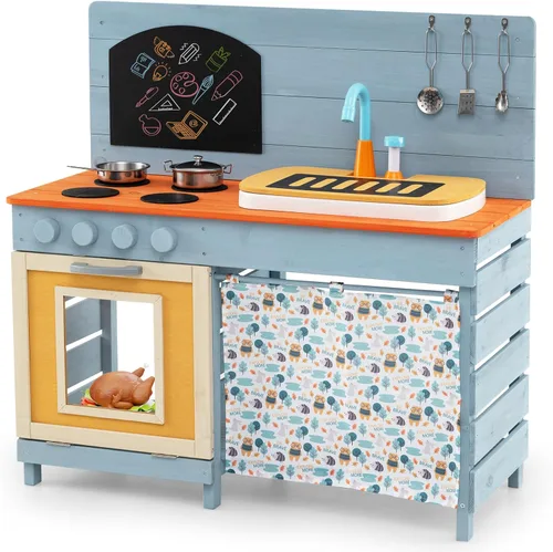 Miniatura 8 de HONEY JOY Cocina de barro, cocina de madera de cedro para niños pequeños, grifo real con agua corriente, fregadero, accesorios de cocina, pizarra