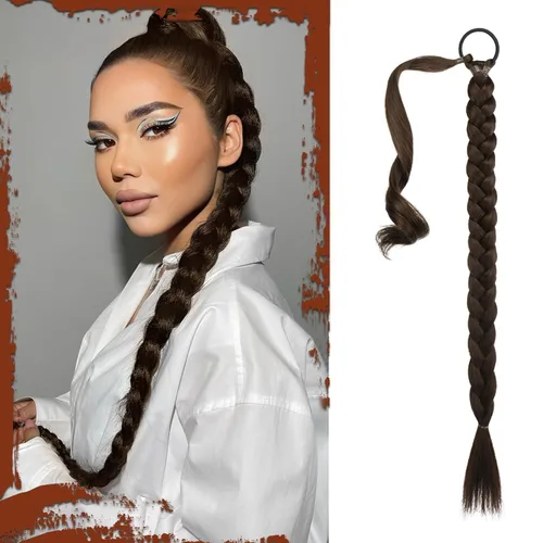 Miniatura 33 de Sofeiyan Extensión de cola de caballo de trenza larga con banda para el cabello, lacio, elegante, envolvente, extensiones de cabello trenzado, cola
