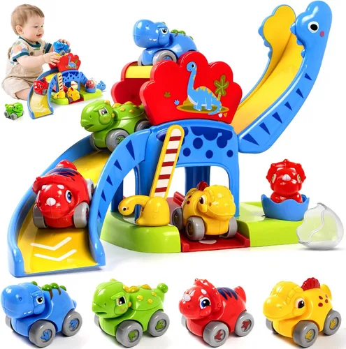 Marstone Juguetes para niños de 1 a 2 años: Diapositiva de dinosaurio con 4 autos de animales, juguetes educativos para bebés de 12 a 18 meses,