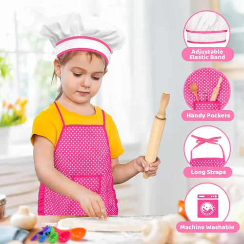 Miniatura 4 de Toyze Regalos para niñas de 3 a 8 años, juego de cocina para niños con delantal, sombrero de chef, libro de cocina, 20 unidades, color rosa