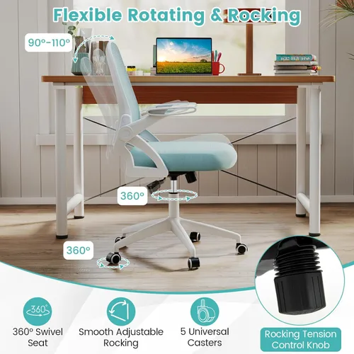 Miniatura 6 de COSTWAY Silla de oficina, cómoda silla giratoria de escritorio con altura ajustable y reposabrazos abatibles, sillas ergonómicas de malla para Azul