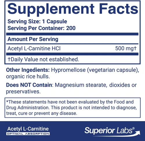 Miniatura 2 de Superior Labs Acetil L-carnitina 500 mg, ALCAR de alta potencia, puro sin OMG, cero aditivos sintéticos, máxima absorción, metabolismo de energía