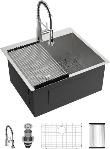 Miniatura 40 de Lordear - Fregadero de barra – Fregadero de barra dorado de 13 x 15 pulgadas con grifo dispensador de jabón, estación de trabajo, calibre 16 T304