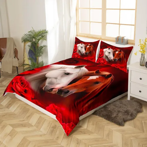 Miniatura 2 de Funda de edredón de caballo blanco y marrón, juego de ropa de cama 3D de animales de granja occidental para niñas y niños, funda de edredón