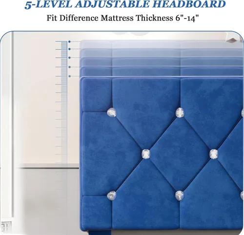 Miniatura 5 de VECELO Base de cama de tamaño individual, plataforma tapizada con cabecera ajustable de diamante, soporte de listones de madera, no necesita somier