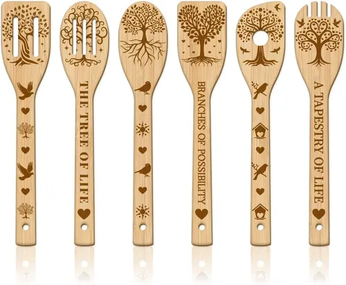 GLOBLELAND Juego de 6 cucharas de madera del árbol de la vida, juego de utensilios de cocina de bambú para mujeres y hombres, juego de espátulas de