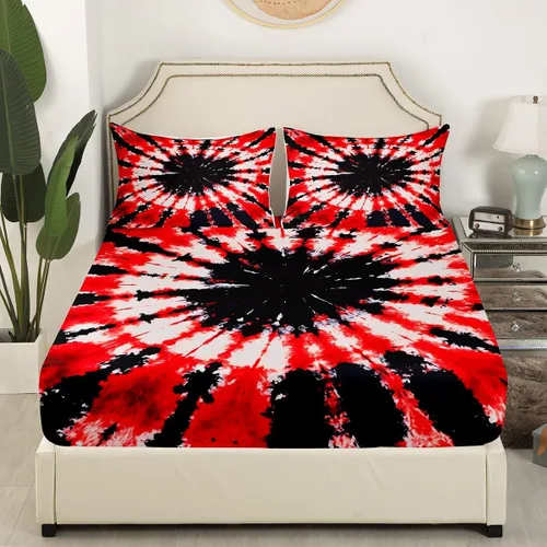 Miniatura 4 de Feelyou Juego de sábanas de teñido anudado tamaño Queen para niños y niñas, juego de sábanas bohemias trippy negro rojo hippie teñido anudado juego