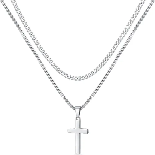 LUXEJEW Collar de cruz de acero inoxidable para hombres y niños, cadena de eslabones cubanos de plata dorada y negra, cadena de cadena con colgante