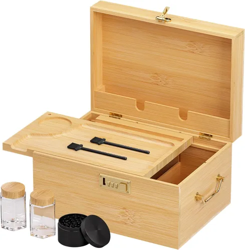 Miniatura 8 de Youpehom Caja grande de bambú, caja de almacenamiento decorativa con cerradura de combinación, caja de madera con cerradura y tapa, caja