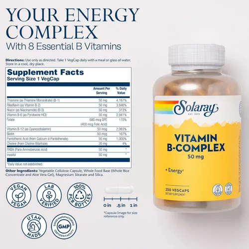 Miniatura 2 de SOLARAY Complejo de vitamina B de 50 mg – Vitaminas de energía celular – metabolismo y apoyo a la salud nerviosa con vitamina B12, vitamina B1, B6