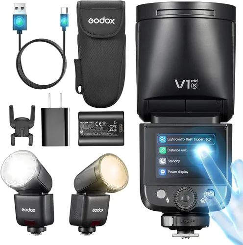 Miniatura 10 de Godox V1 MID C Flash para cámara Canon, Speedlite de cabeza redonda de 55 W con pantalla táctil, óptica de 0.945 in, 650+ Pops de potencia completa