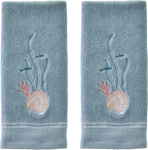Miniatura 7 de SKL Home Ocean Coral - Juego de 2 toallas de mano esculpidas de 100% algodón premium, 450 GSM, jacquard reversible, suave y absorbente, tropical