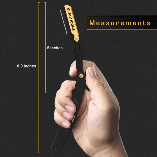 Miniatura 8 de BEAUTICONE Maquinillas de afeitar rectas para hombres, maquinilla de afeitar de borde recto, 100 cuchillas de un solo filo, acero inoxidable, Negro