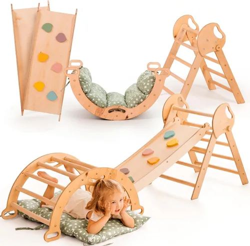 Goodevas Juego de juguetes de escalada 5 en 1 para niños pequeños, triángulo de Pikler, arco de escalada, cojín de equilibrio, gimnasio de escalada