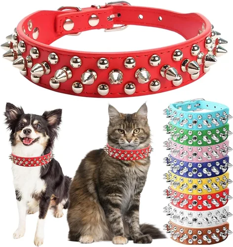 Miniatura 12 de Collar de perro con pinchos para perros pequeños, collares de cachorro macho con pinchos de cuero PU con remaches de hongos, collares tachonados