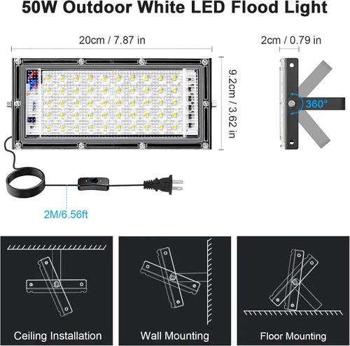Miniatura 6 de Luz de inundación de 50 W para exteriores, paquete de 4 luces LED de 5000 lúmenes, 6500 K súper brillantes, enchufe para exteriores, luces