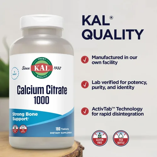 Miniatura 4 de KAL Citrato de calcio 1000 mg, suplementos de calcio para mujeres y hombres, salud ósea, dientes, apoyo del sistema nervioso, muscular