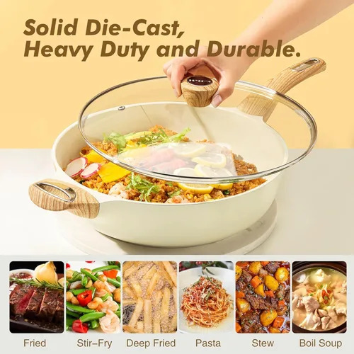 Miniatura 5 de SENSARTE Sartén antiadherente de cerámica con tapa, sartén de 10.5 pulgadas con asa auxiliar, sartén profunda de 3.8 Qt, sartén de inducción, sartén