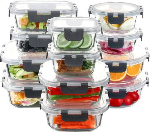 C CREST Juego de 12 recipientes de vidrio para almacenamiento de alimentos con tapas con cierre, múltiples tamaños, sellado hermético para frescura,