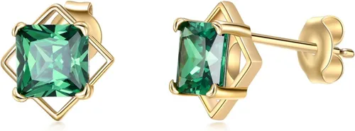 Aretes tipo dormilona de oro macizo de 14 quilates con esmeralda de corte princesa, oro real amarillo creado con dorsos, aretes de piedra natal de
