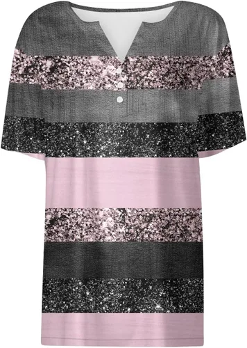 Miniatura 4 de Camisetas de lentejuelas para mujer, manga corta, cuello en V, para verano, casual, a la moda, con estampado brillante, blusas básicas