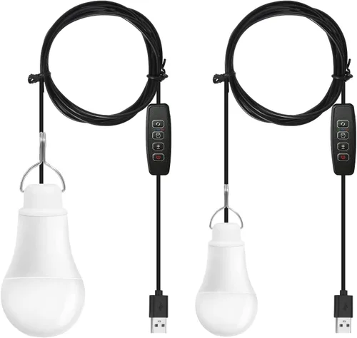 Paquete de 2 bombillas USB regulables alimentadas por USB de 5 V 7 W, lámpara colgante para exteriores, portátil, para campamento, camión, tienda,