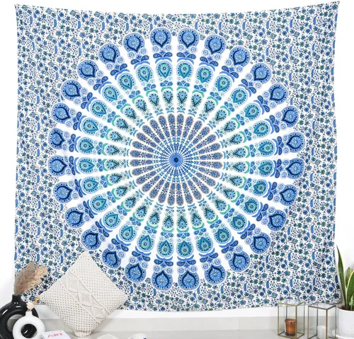 Miniatura 19 de RAJRANG Tapiz de Mandala de Pavo Real Hippie para Colgar en la Pared 90 x 84 pulgadas Tapices Decorativos Trippy Bohemios Indios Hechos a Mano