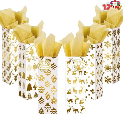 JOYIN 12 piezas bolsas para botellas de vino de Navidad, lámina dorada con papel de seda y etiquetas de nombre, 6 diseños de impresión para