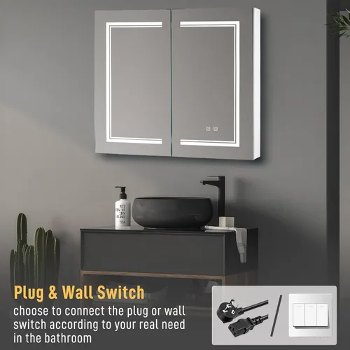 Miniatura 6 de Karl home Botiquín de baño de 32 x 28 pulgadas con 2 puertas con espejo LED, gabinete de baño regulable de 3 colores montado en la pared con Blanco