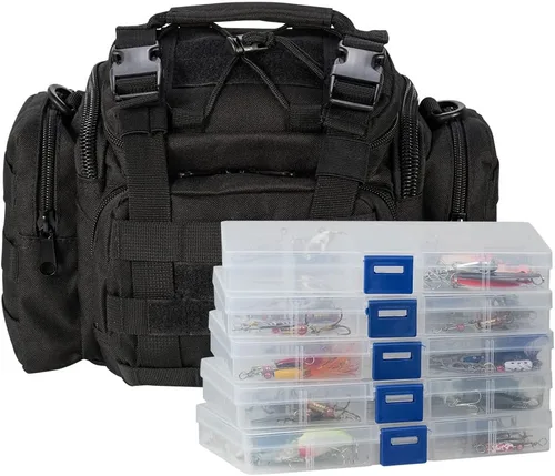 Dr.Fish Bolsa de aparejos de pesca 5 cajas con 60 señuelos incluidos Juego de caja de aparejos cargada y equipada Set de señuelos giratorios Equipo