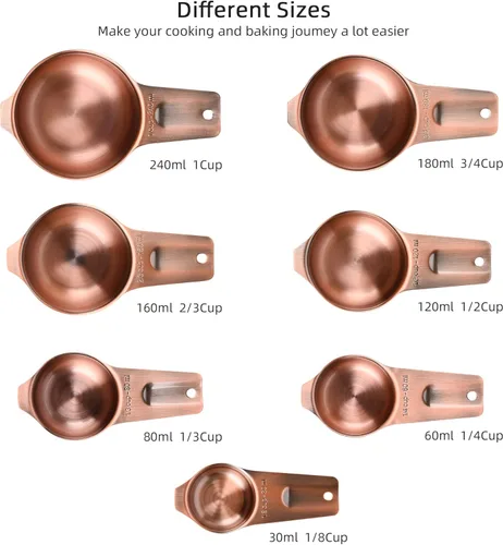 Miniatura 5 de Juego de tazas y cucharas medidoras, juego de tazas y cucharas medidoras de cobre para seco y líquido, taza métrica y de acero inoxidable 7 de EE.