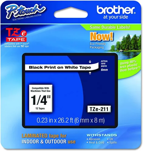 Brother P-Touch TZE-211 Cinta de etiquetas 1, cinta laminada estándar de 1/4 pulgadas (0.23 pulgadas), negro sobre blanco, para uso en interiores o