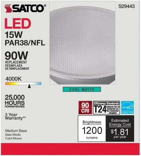 Miniatura 7 de Satco S29443 PAR38 - Bombillas reflectoras LED de 15 W, 4000 K, blanco frío, 1200 lúmenes, base media, regulable, ubicación húmeda, cumple