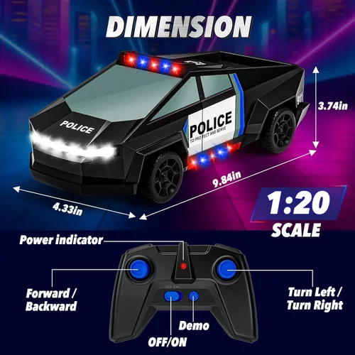 Miniatura 2 de MACALOCA Juguetes de coche a control remoto, camión RC con temática de policía 1:20 con luces LED intermitentes y espacio de carga, 2.4 GHz