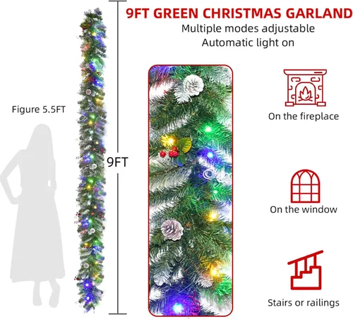 Miniatura 2 de Guirnalda de Navidad de 9 pies con luces - Guirnalda de Navidad iluminada con 50 luces LED alimentadas por batería, 8 modos de iluminación