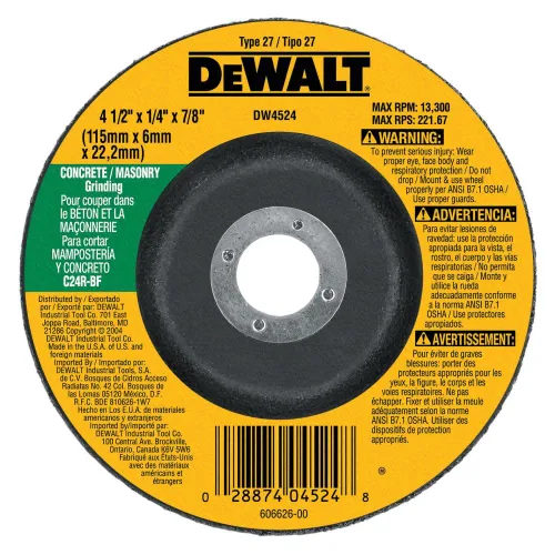 DEWALT DW4524 Muela abrasiva para hormigónmampostería de 4-12 pulgadas por 14 de pulgada por 78 de pulgada