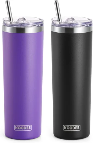 Miniatura 48 de Koodee - Vaso delgado de acero inoxidable de 20 onzas (4 unidades) aislado con doble pared, vaso de agua con 4 tapas, 4 popotes y 2 cepillos