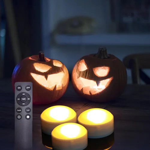 Paquete de 3 faroles de calabaza de Halloween, funciona con pilas, luces LED con control remoto y temporizador, velas LED sin llama y linterna