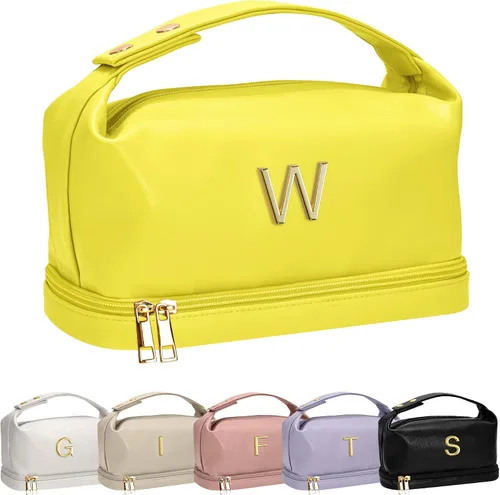 Miniatura 116 de Bolsa de maquillaje con asa, bolsa de cosméticos impermeable de doble capa, bolsas de maquillaje de cuero PU de gran capacidad con letra, bolsa