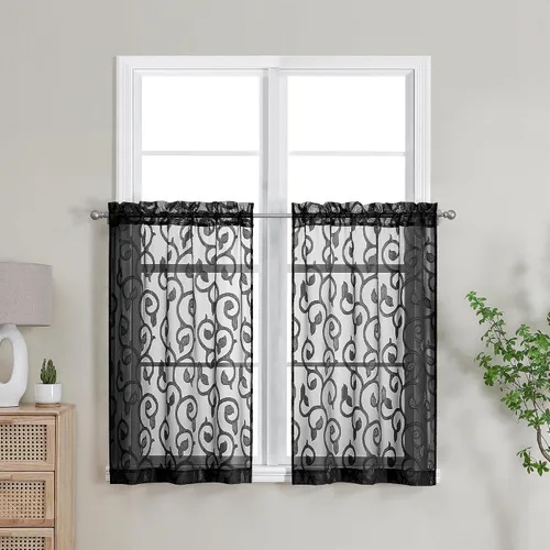 Miniatura 46 de OWENIE Furman - Juego de 2 paneles de cortinas traslúcidas negras de 24 pulgadas de largo, cortinas semitransparentes de jacquard ligeras y aireadas