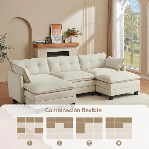 Miniatura 7 de Amsleekey Sofá Seccional Modular, 111.5" en Forma de U de Pana Cómodo Sofás Seccionales para Sala de Estar, Sofás Nube de 3 Plazas con 2 Otomanas